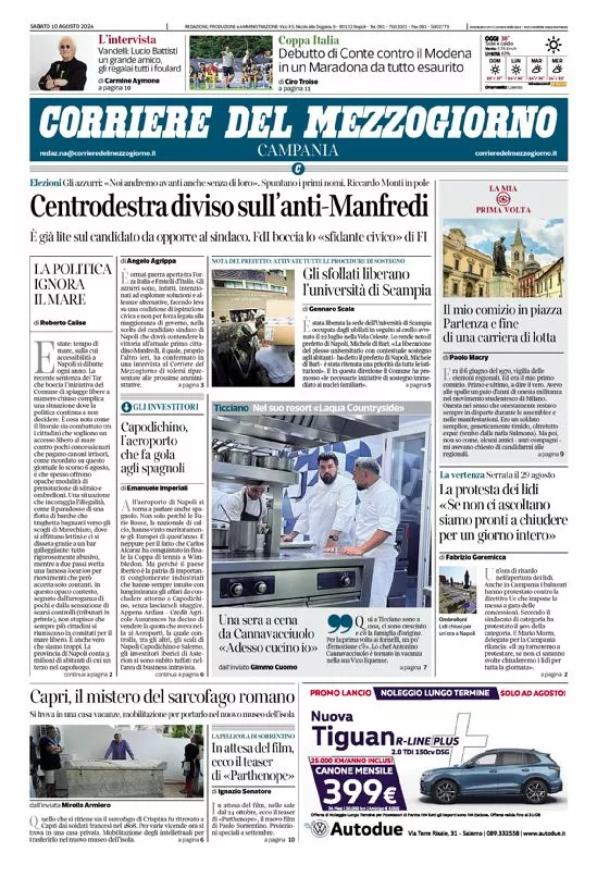 Prima-pagina-corriere del mezzogiorno-del-2024-08-10